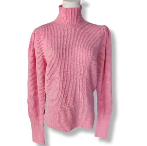 FRAME Women's Wool & Cashmere Puff Sleeve Turtleneck Sweater in Spanish Pink - Picture 5 of 14